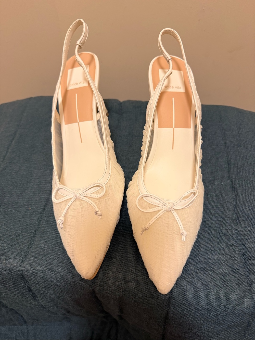 Dolce Vita Cream Pointed Slingback Flats with Bow Accent